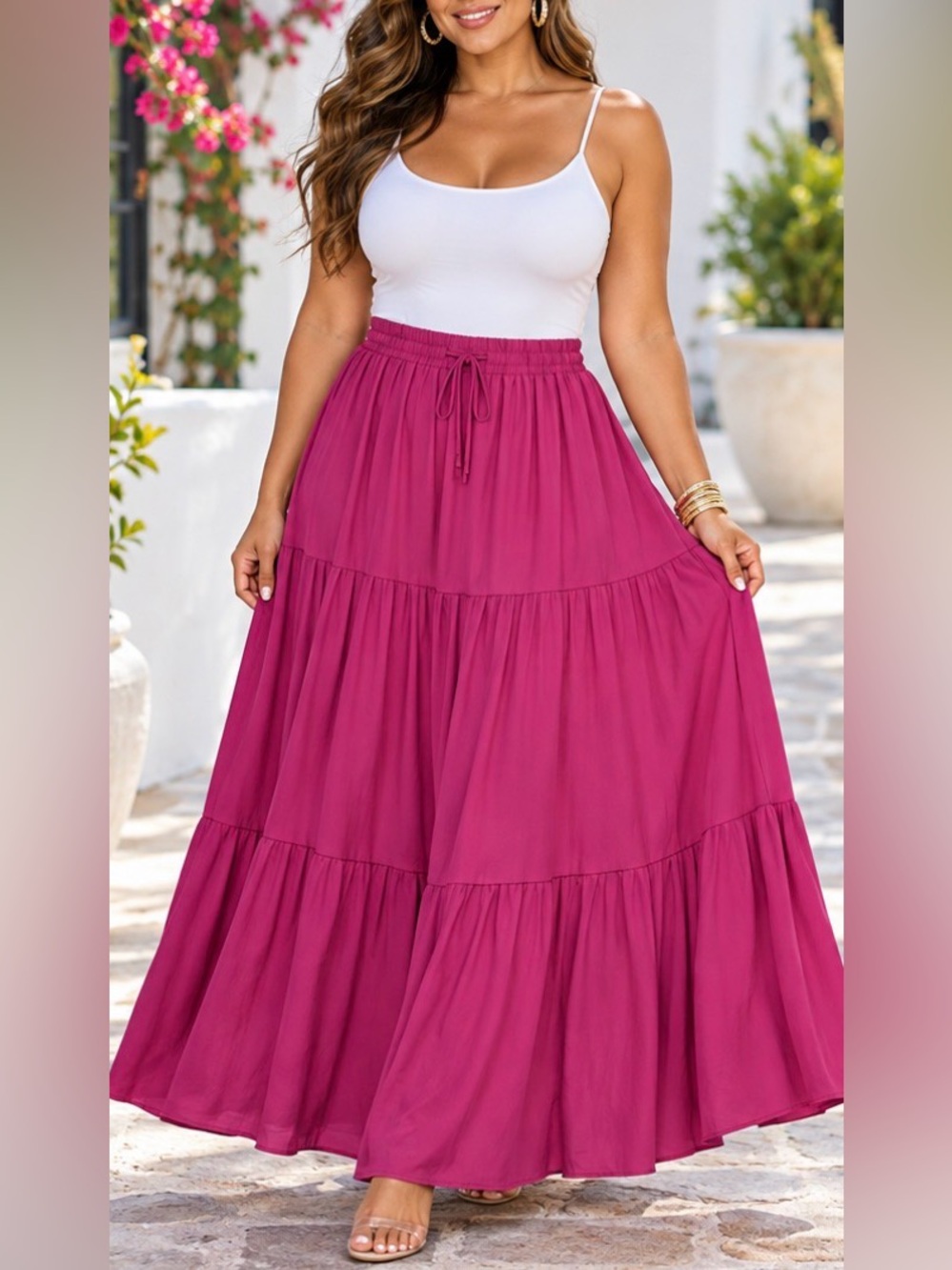 Passport ~Magenta Tiered Maxi Skirt. L